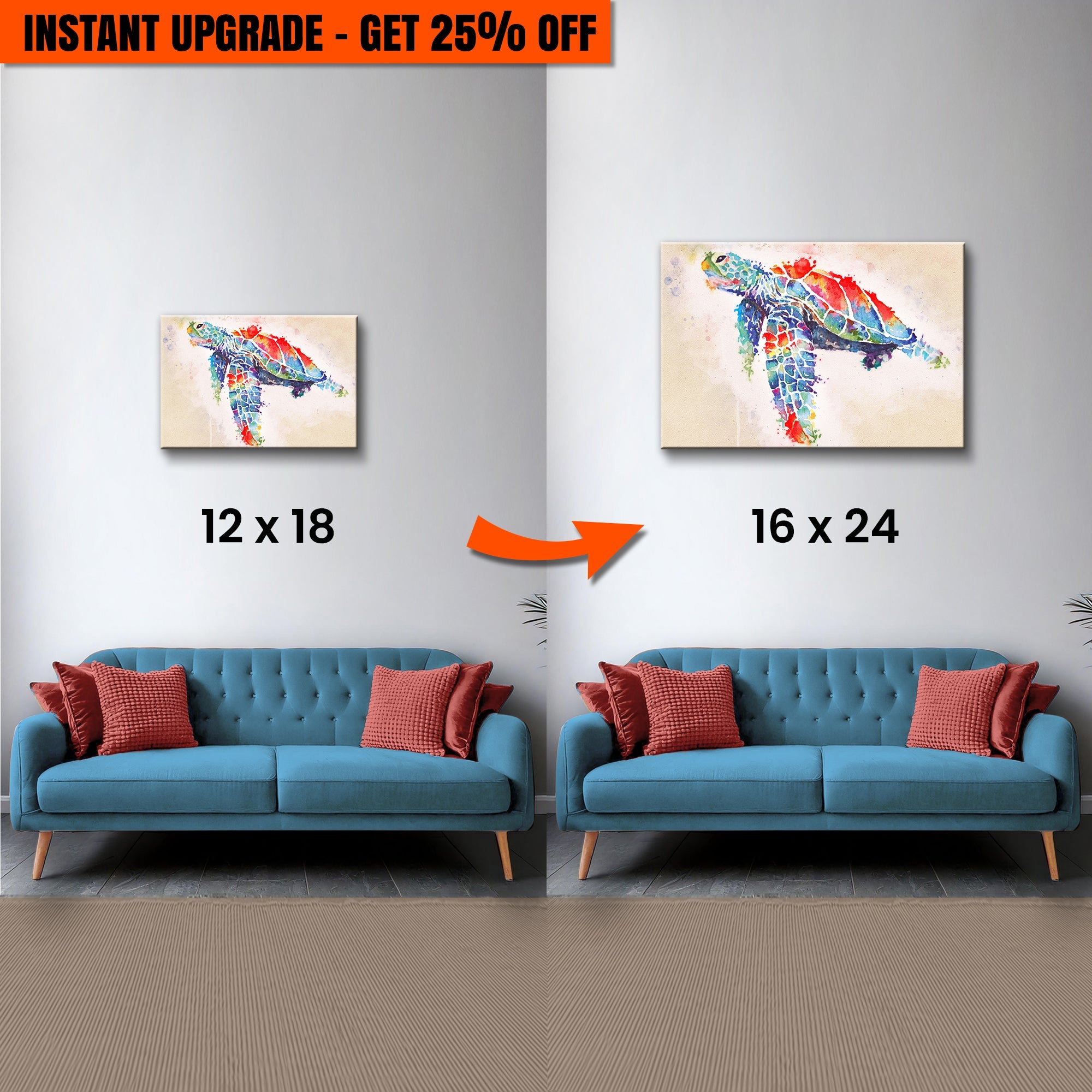 12x18 inçlik 'Mercan Resifi Deniz Kaplumbağası Suluboya' Tuvalinizi 16x24 inçe yükseltin